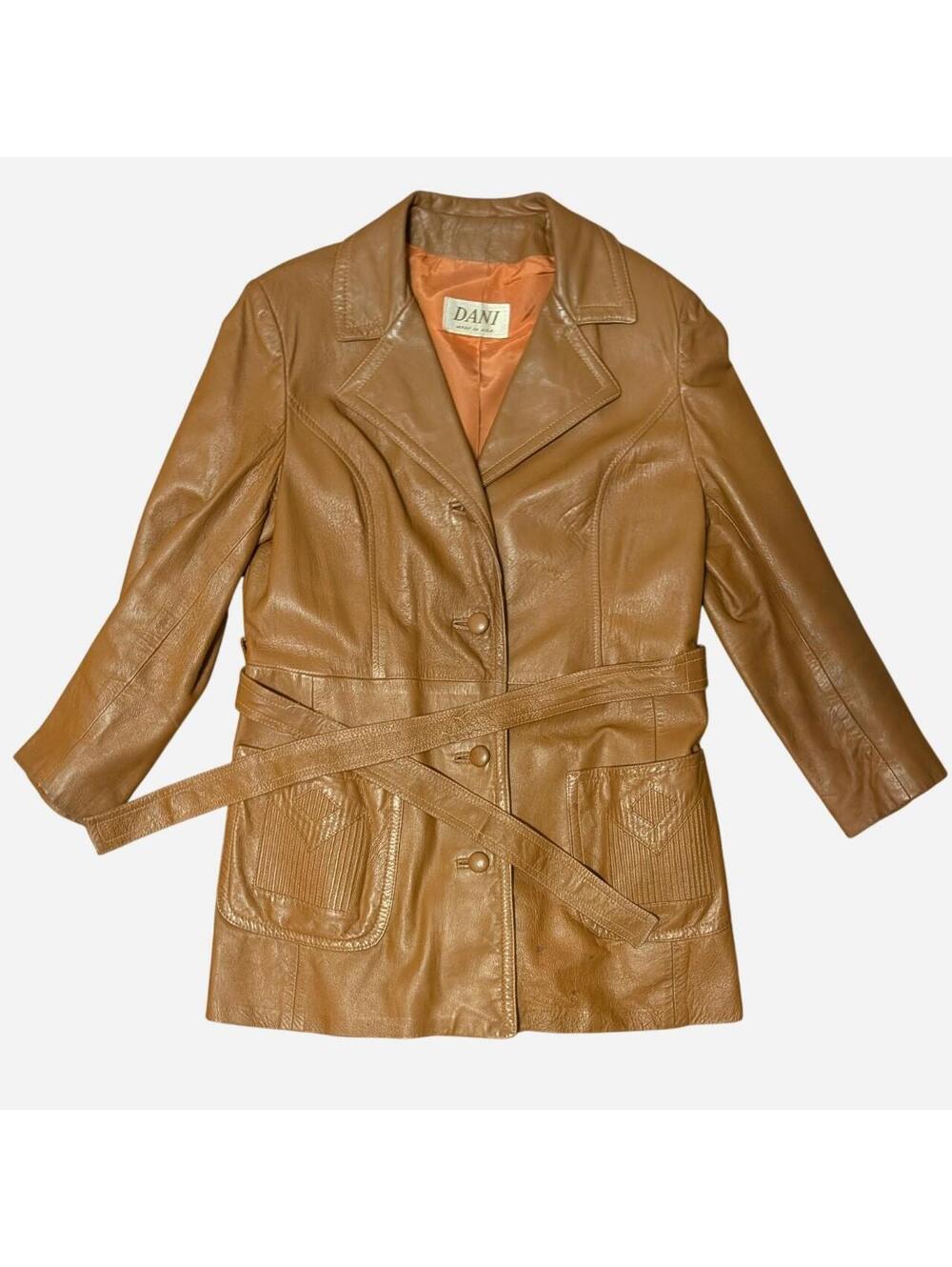 1970s Camel Leather Belted Coat Wide Collar Quilted Pocket Women's Size S/M